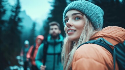 A group of friends hiking in a forest, their faces glowing with health and vitality, enjoying the beauty of nature and the benefits of exercise.