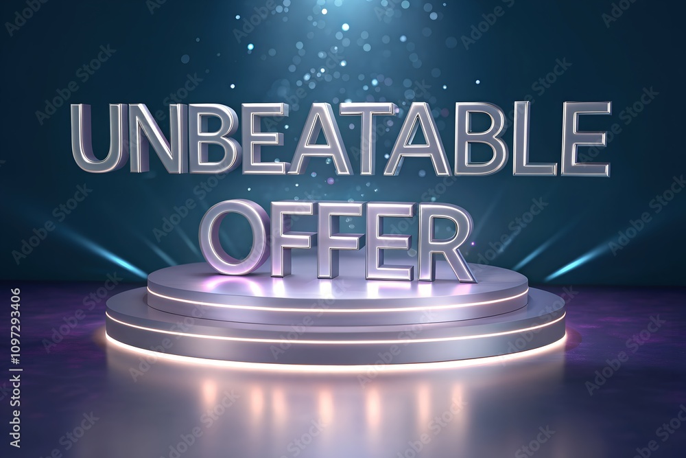 Poster 3d text 'unbeatable offer' on a glowing circular podium with a spotlight effect and abstract backgro