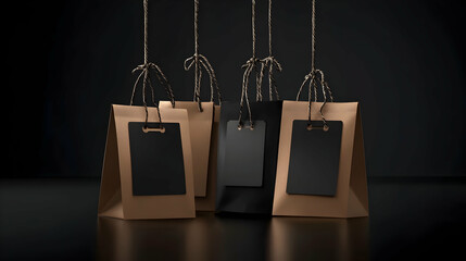 Kraft and black shopping bags hanging with blank tags on dark background.