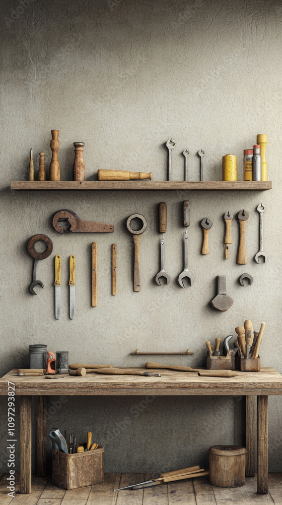 Poster equipment workshop background concept. a rustic workshop scene featuring a wooden table and various 