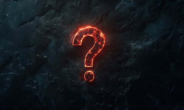 Glowing question mark symbol, fiery texture, dark rocky background, mysterious and intriguing atmosphere