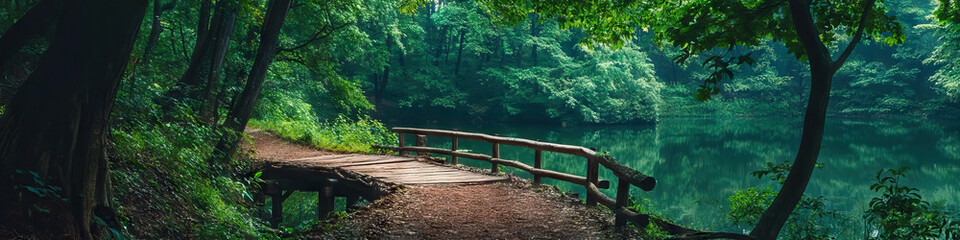 Fototapeta premium Path Through Nature: Minimalist scene of a hiking trail winding through a lush forest, with a small log bridge and a tranquil lake in the background.