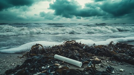 A discarded plastic straw amidst ocean debris on a beach, the scene showcasing wet sand, tangled seaweed, and a gloomy atmosphere, highlighting environmental pollution