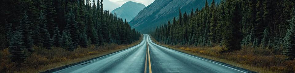 Fototapeta premium Empty highway leading into the distance, framed by towering pine trees and a stunning mountain range.