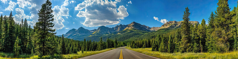 Fototapeta premium Empty highway leading into the distance, framed by towering pine trees and a stunning mountain range.