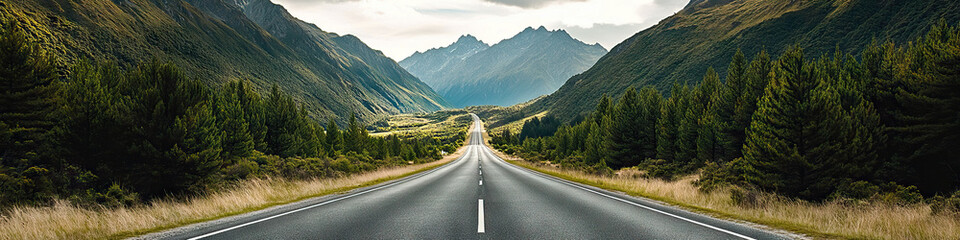 Naklejka premium Empty highway leading into the distance, framed by towering pine trees and a stunning mountain range.