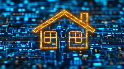 Obraz premium Neon gold glowing digital house set against a dark futuristic matrix, representing smart grid technology, renewable energy integration, and high tech housing concepts