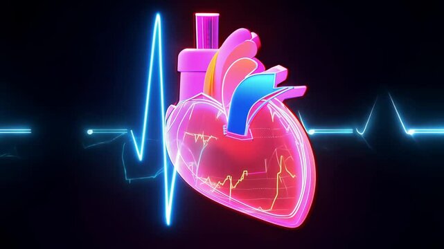 Beating creative and stylized heart illustration featuring a heartbeat line, presented in a vibrant neon design, making it ideal for various medical or healthrelated themes and contexts