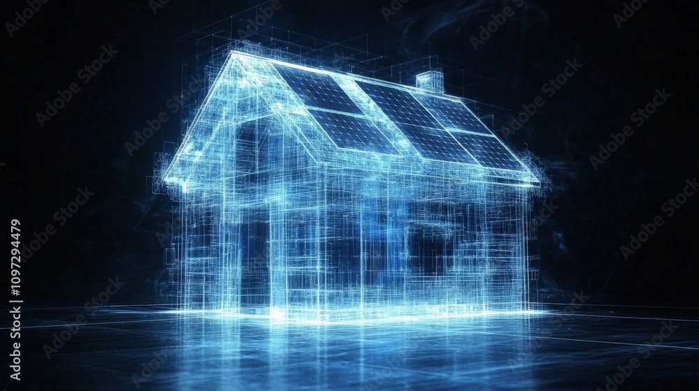 Poster holographic glowing house structure in neon blue light with digital transparency, symbolizing high t