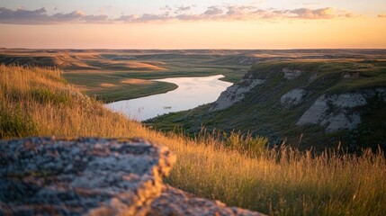 Serene Sunset Over Rolling Hills And River Valley