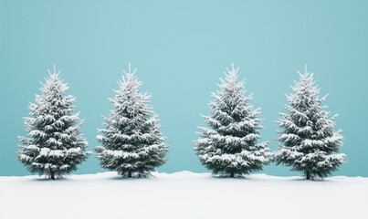 Fototapeta premium Snow-covered evergreen trees against blue background, four trees lined up, winter scene, serene atmosphere, fresh snow, vibrant colors