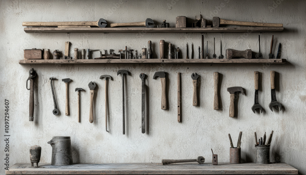Aufkleber equipment workshop background concept. a rustic display of various hand tools neatly arranged on woo