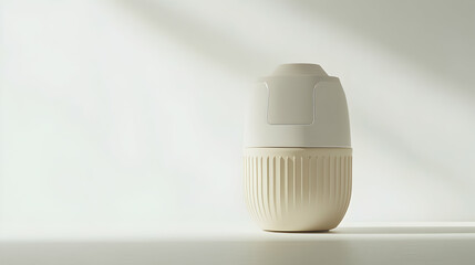 Minimalist beige and white cylindrical container on white background with sunlight.