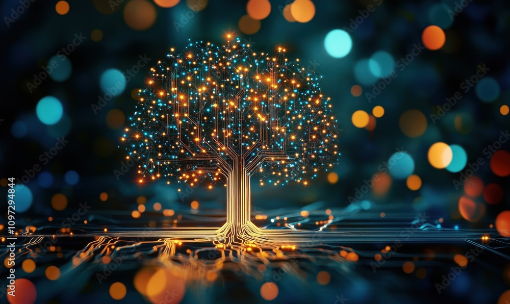 Aufkleber digital tree with glowing circuits and bokeh lights, representing technology and nature fusion. brig