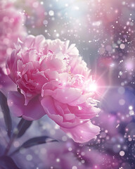 Fototapeta premium Soft Pink Peony Flower in Bloom Surrounded by Gentle Blurred Bokeh Lights and a Dreamy Sparkling Atmosphere, Capturing the Essence of Spring and Natural Beauty