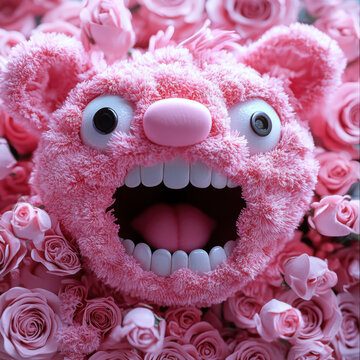 A bouquet of pink roses with Lotso's head on top, in the shape of his face, and mouth open, with lots of petals around, in a plush toy style, cute.