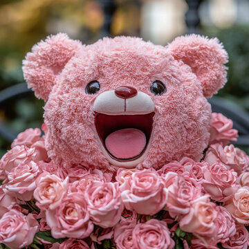 A bouquet of pink roses with Lotso's head on top, in the shape of his face, and mouth open, with lots of petals around, in a plush toy style, cute.