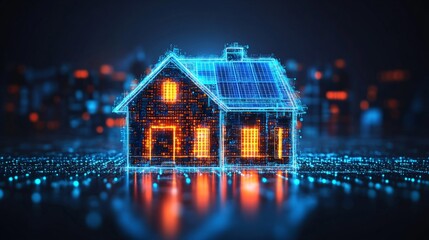 Compact glowing house with solar panels in a vibrant city backdrop, showcasing smart housing, renewable energy technology, and sustainable urban living