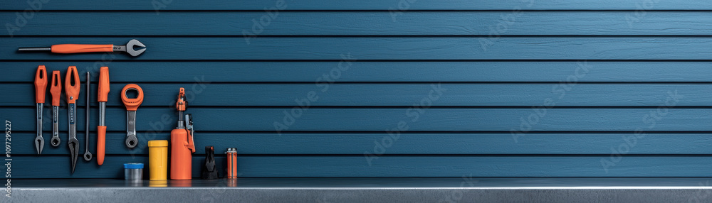 Poster equipment workshop background concept. a neatly arranged collection of colorful tools displayed on a