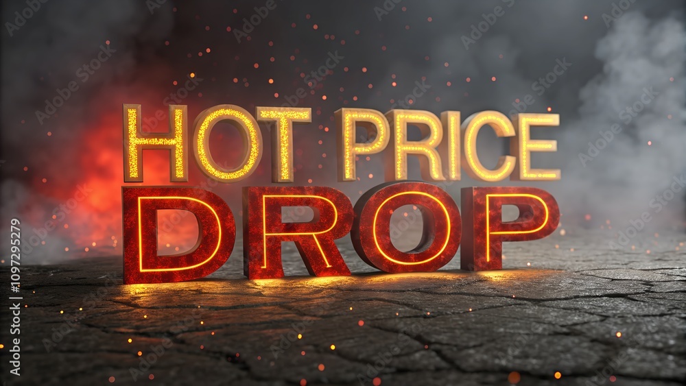 Poster dynamic 3d text displaying 'hot price drop' with a fiery glow and smoky background, conveying a bold