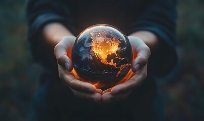 Fototapeta premium Glowing Earth held in hands, symbolizing care for planet, warmth emanating from globe, dark background, focus on hands and globe