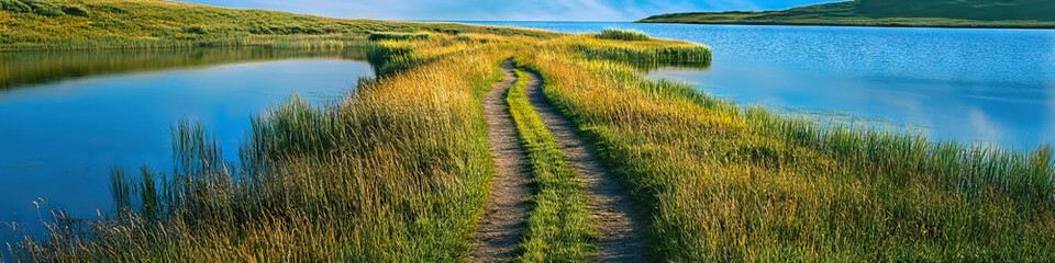 A pristine path through a grassy field, leading to a tranquil lake.