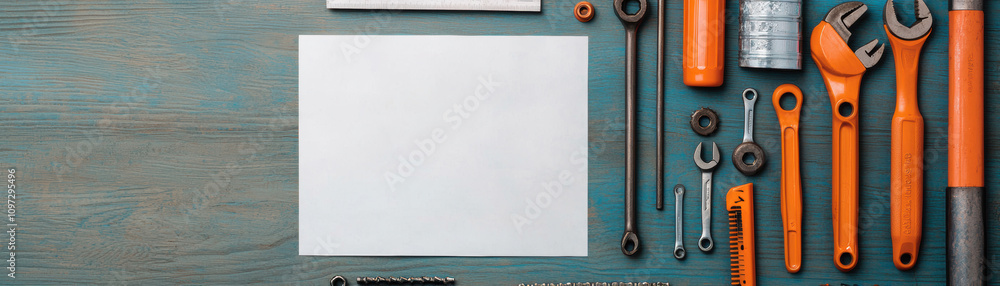 Aufkleber equipment workshop background concept. a flat lay of assorted tools and a blank sheet of paper on a 