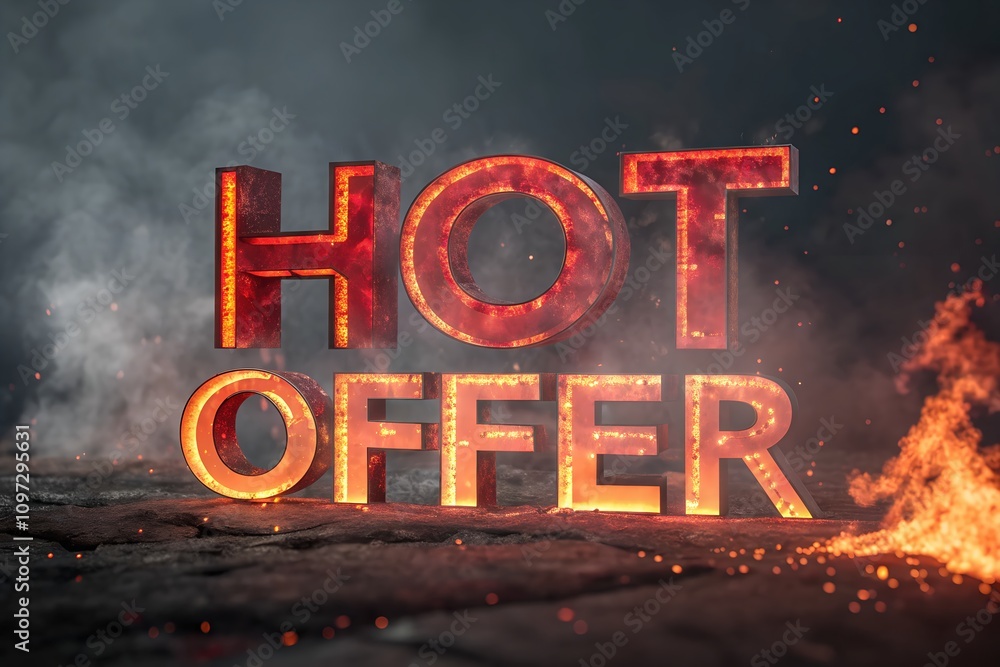 Aufkleber fiery 3d text reading 'hot offer' with glowing embers and smoke, creating an intense and dynamic vis