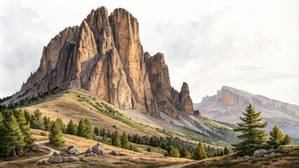 Fototapeta premium Jagged Rocky Mountain Landscape Watercolor Illustration with Sharp Cliffs and Dramatic Terrain in Earthy Tones Isolated on White Background, Perfect for Nature and Adventure Themes