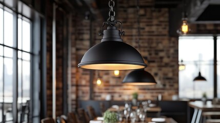 Industrial Chic Interior Design: Black Pendant Lights in a Modern Restaurant Setting