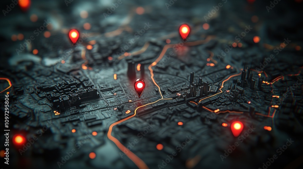 Aufkleber glowing cityscape navigation: a futuristic 3d map with illuminated location markers
