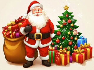 Smiling Santa with Gifts by Christmas Tree