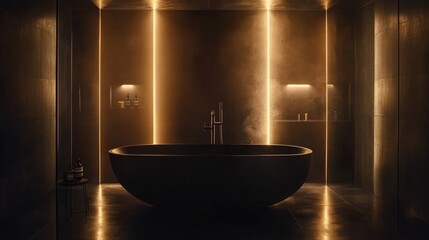 Serene Modern Bathroom: A Luxurious Minimalist Bath Design with Warm Lighting