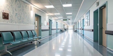 Obraz premium Long Hospital Corridor with Bokeh Effect â€“ Tranquil Empty Seats, 3D Rendering, Modern Healthcare Environment, Clean Lines, Soft Focus, Serene Atmosphere, Medical Facility, Interior Design