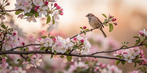 Low Light Photography of a Small Bird Perched on a Branch of a Blooming Apple Tree, Nature Close-up, Spring Vibes, Soft Focus, Serene Atmosphere, Floral Beauty, Wildlife in Bloom