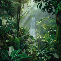 Naklejka premium Serene Jungle Landscape with Lush Greenery and Cascading Waterfall Illuminated by Gentle Sunlight in a Vibrant Tropical Environment