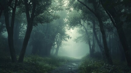 Fototapeta premium A tranquil forest scene shrouded in fog, showcasing tall trees with lush green foliage. The dense vegetation creates a peaceful atmosphere as a narrow, winding path cuts through the woods. The soft li