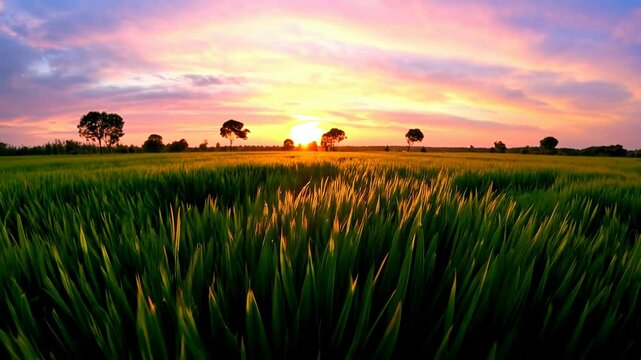 Macro View of Lush Green Grass Field Under Vibrant Sunset Sky