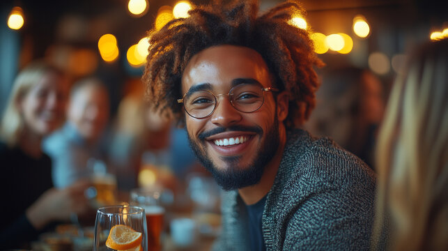 A cheerful office environment with employees discussing progress and achievements over snacks and drinks