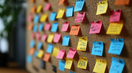 Fototapeta premium A close-up of sticky notes with ideas and colorful doodles pinned to a corkboard in a brainstorming session