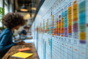 A close-up of a detailed project timeline on a whiteboard, with employees brainstorming in the background
