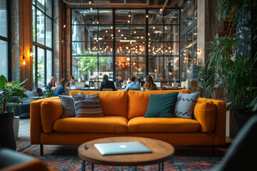 A cozy coworking area with a mix of employees collaborating and others working independently