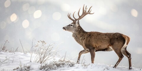 Fototapeta premium Majestic Deer with Antlers in Bokeh Effect - Nature Photography, Wildlife, Animal Portrait, White Background, Soft Focus, Beautiful Deer, Nature Lovers, Forest Creatures, Elegant Antlers, Bokeh Magic