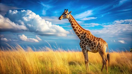 Obraz premium Majestic Giraffe in Tall Grass Beneath Clear Blue Sky - Night Photography, Wildlife, Nature, African Savanna, Animal Portrait, Scenic Landscape, Outdoor Adventure, Tranquil Scene
