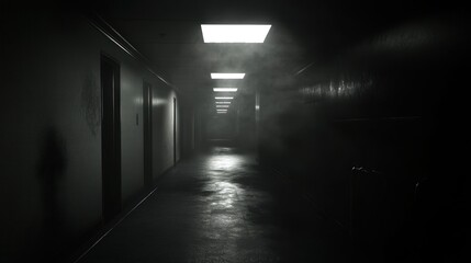 Mysterious Dark Corridor: A Gloomy Atmosphere in an Abandoned Building
