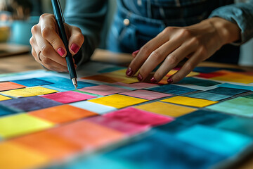 Naklejka premium A professional organizing colorful sticky notes during a project planning session in a creative workspace