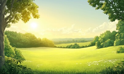 Obraz premium Serene landscape with golden sunlight, lush green fields, distant hills, and vibrant trees