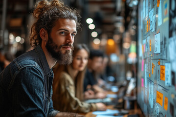 A team gathered around a digital whiteboard in a vibrant workspace, brainstorming solutions together