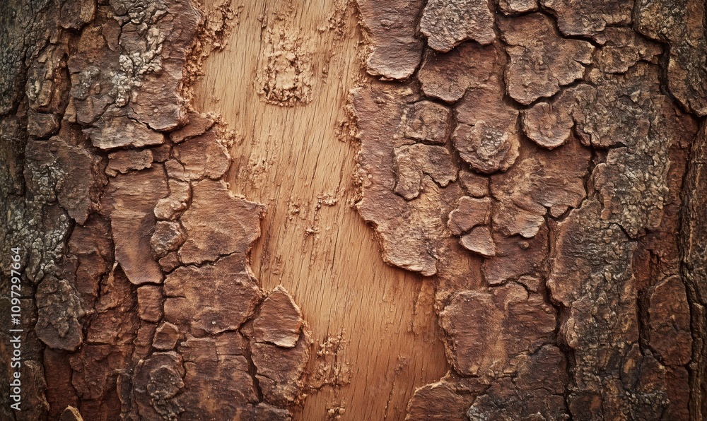 Poster tree bark texture close-up, showcasing rough, weathered surface with intricate patterns and earthy t