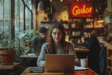 A minimalist coworking space with professionals quietly focused on their laptops and notepads